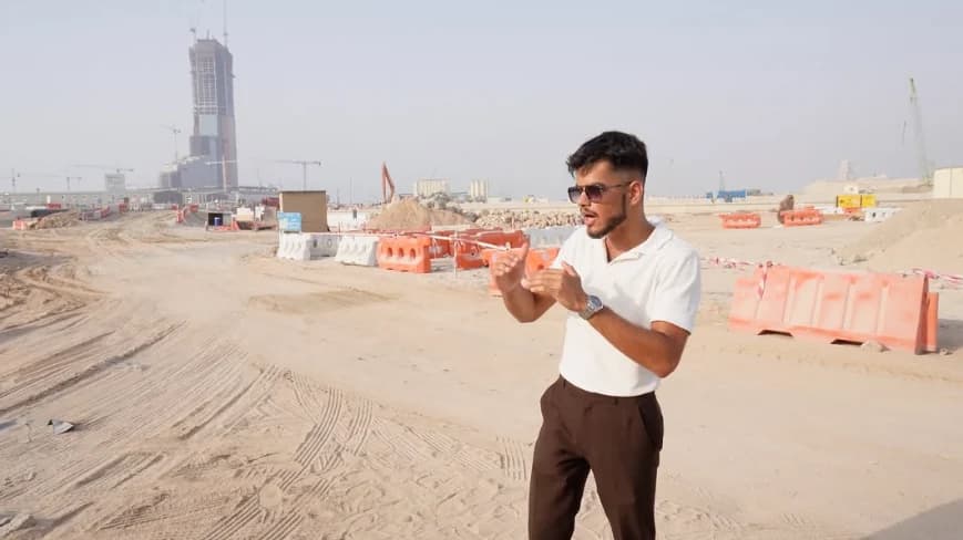 Jai Bachani on a construction site in Dubai, walking through a project