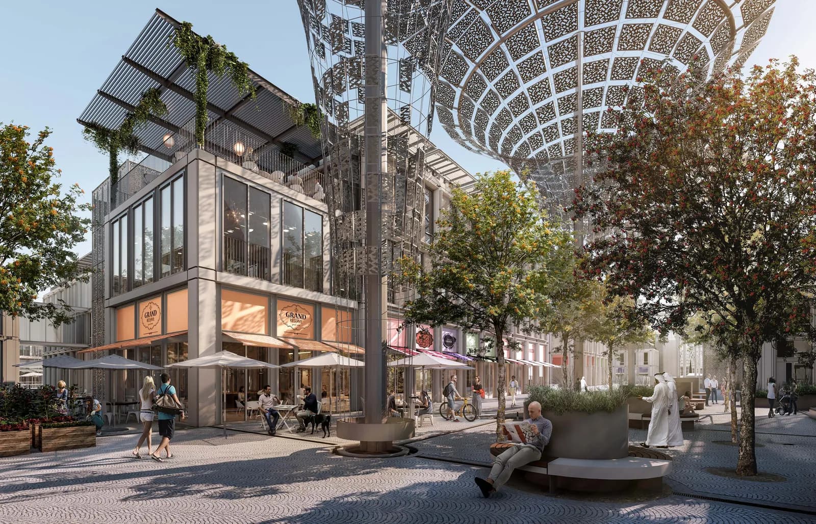Street and courtyard beneath the Al Waha canopies
