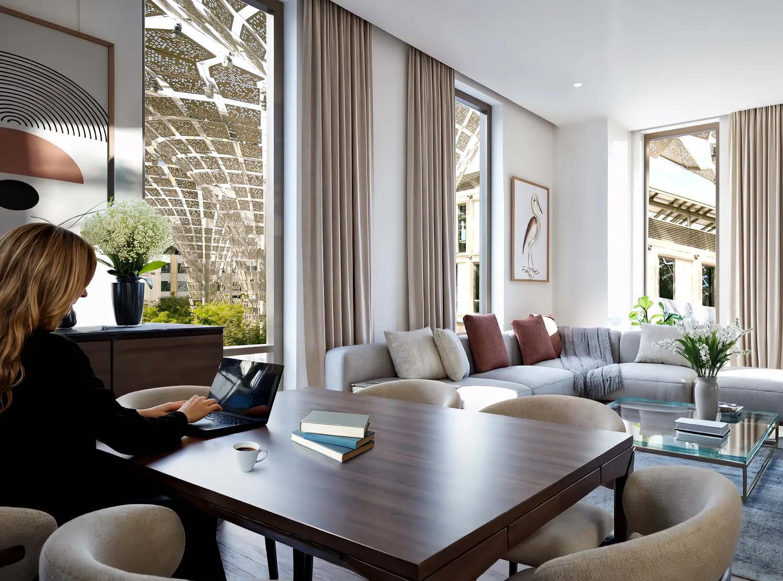 Apartment living and dining area at Al Waha Residences