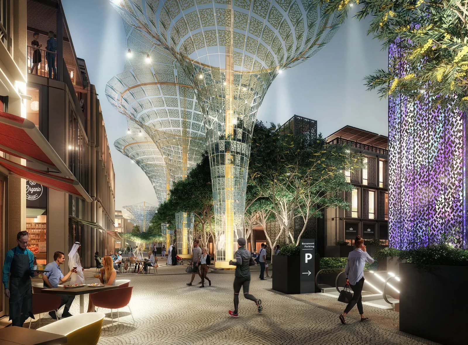 Evening street scene at Expo City near Al Waha Residences