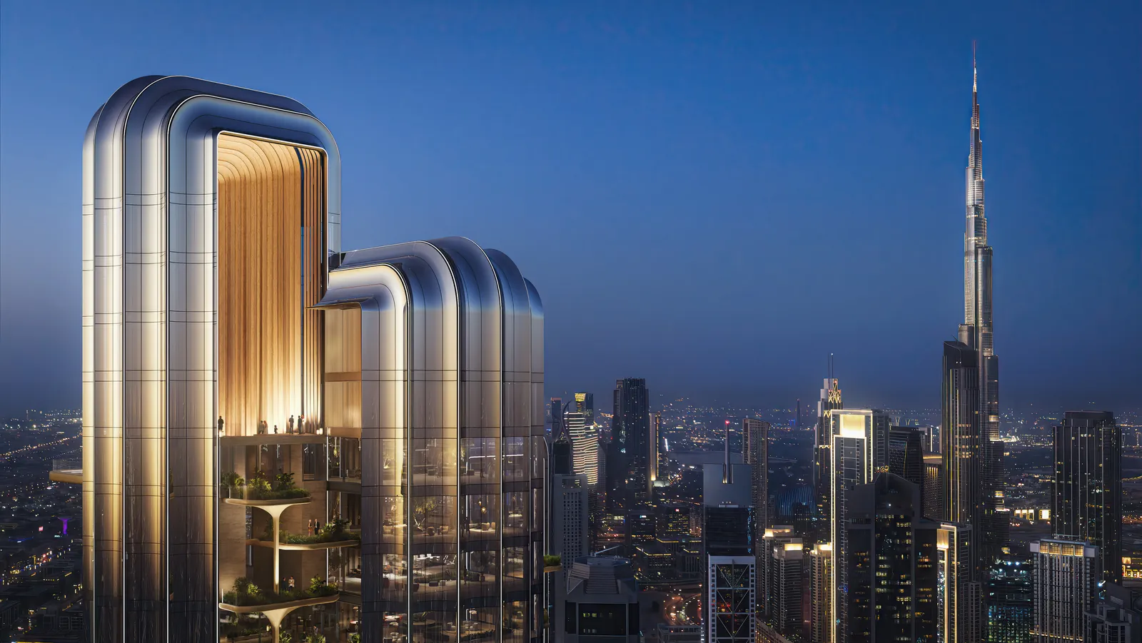 Lumena by OMNIYAT tower at dusk with the Burj Khalifa behind