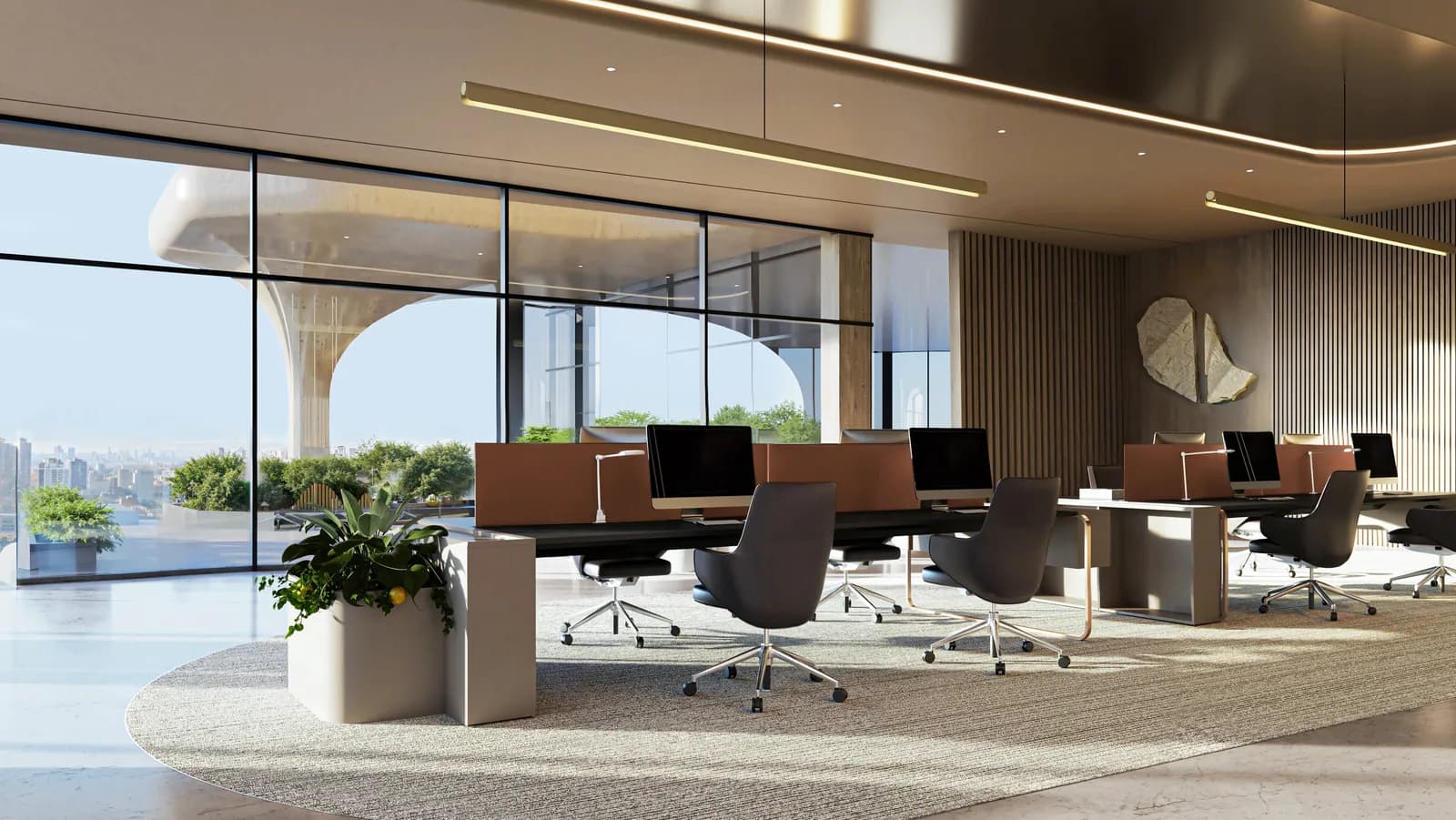 Grade-A office interior at Lumena with floor-to-ceiling glazing