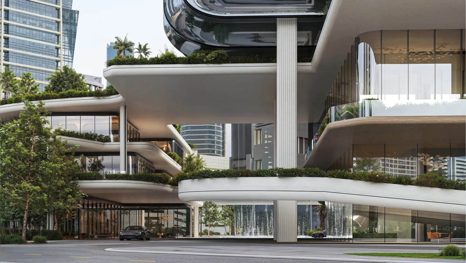 Landscaped retail and dining podium at Lumena