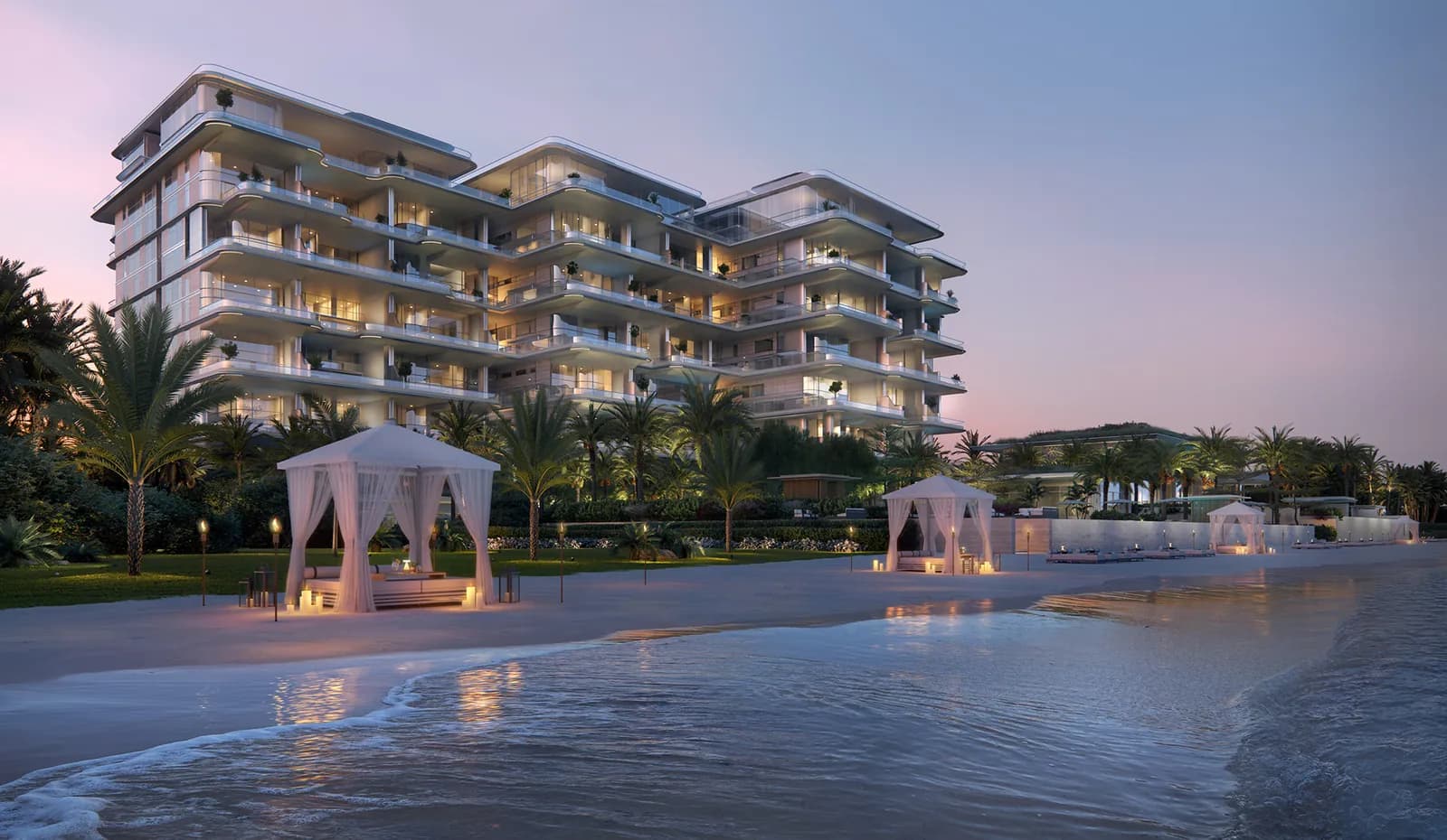 ORLA towers on the Palm Jumeirah beachfront at dusk