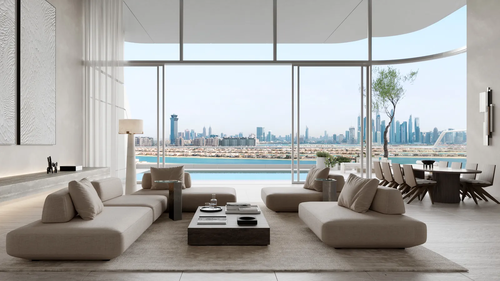 Living room at ORLA with views across the Palm to the Dubai skyline