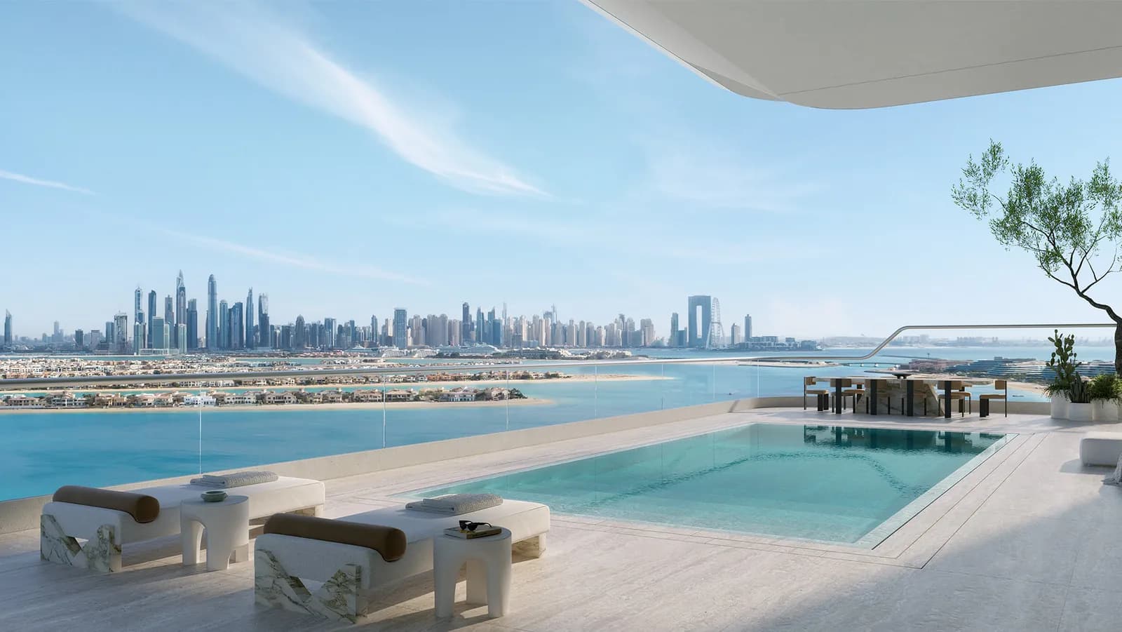 Pool terrace at ORLA overlooking the Palm and Dubai Marina